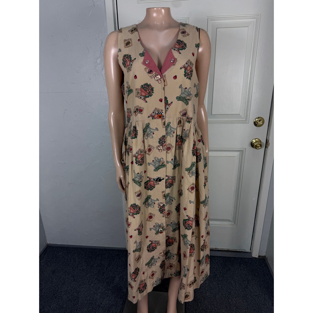 Vintage 90s Handmade Women's Dress Garden Novelty Print Floral Pockets F14